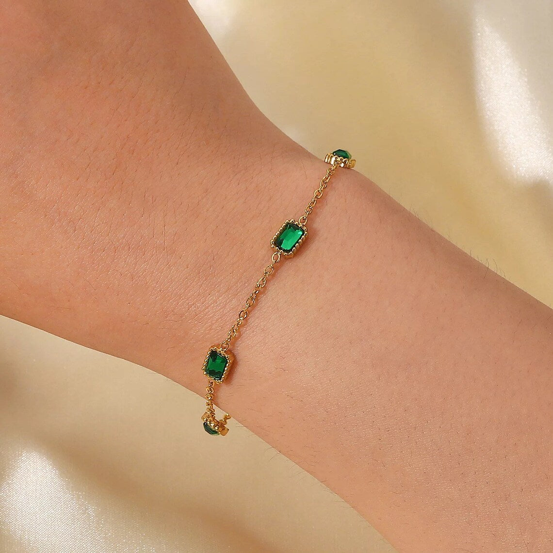 Dainty Gold Bracelet for Women and Girls with Green Zirconia Stone –  namana.london